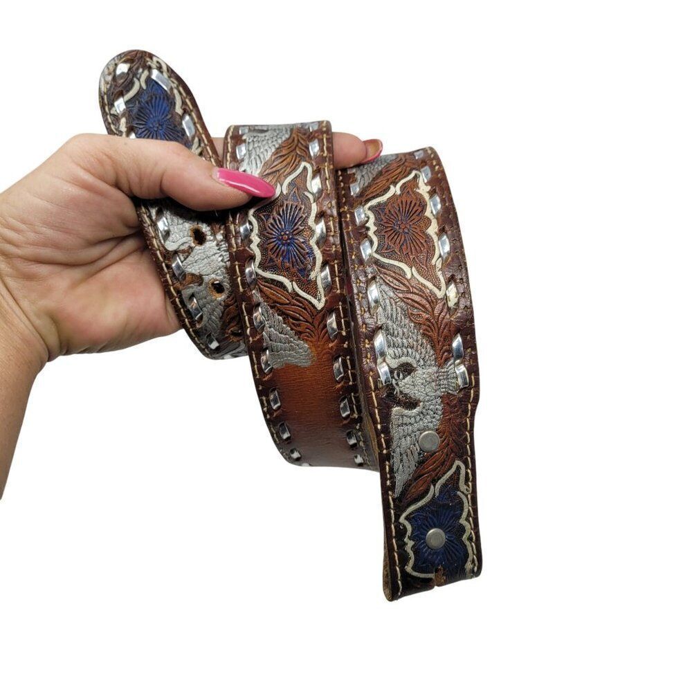Handcrafted Brown Western Leather Belt Hand Painted Silver‎ Eagle Embossing 32